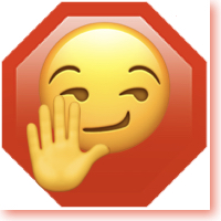 stylized smug face with raised hand in front of stop sign