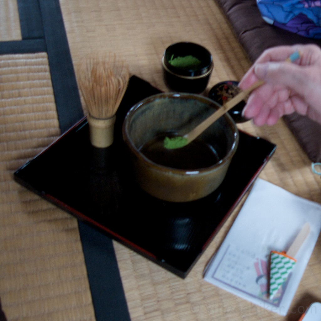 You add the matcha to hot water using the chashaku, bamboo tea ladle.