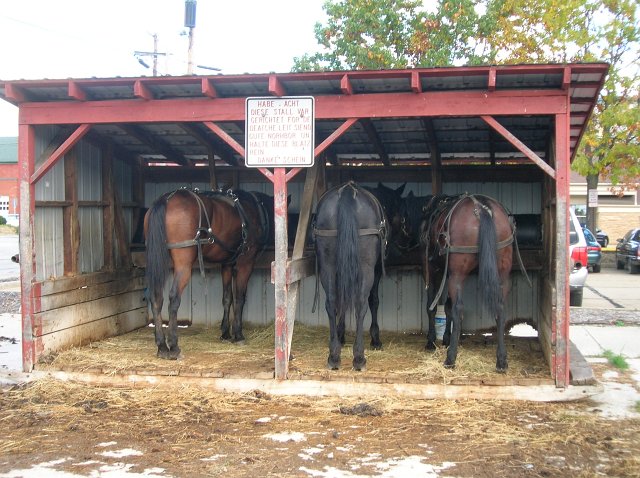 Amish horse and buggy parking lot in Wooster Ohio north of Holmes County Ohio.