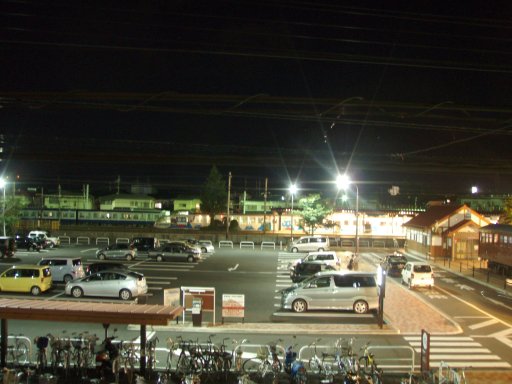 Kawaguchiko Train Station at night looking toward Mount Fuji.