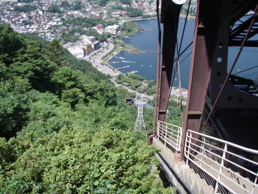 Looking back down the tram from top of Mount Tenjo near Kawaguchiko Japan