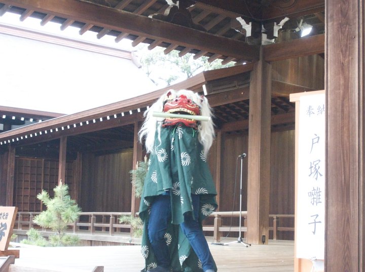 Picking up a scroll in its mouth, this Japanese lion prepares to share a message of good fortune during a lion dance. Japan adapted the lion dance from China during ancient times. Shinto belief now embraces lion dances for their power to drive off evil spirits and bring good luck.