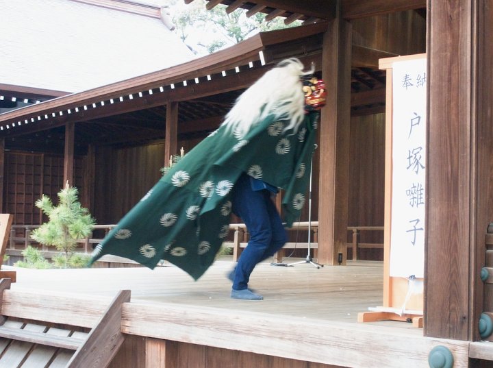 After performing a Japanese lion dance, the lion leaves the stage. On the way out, the lion removes its costume and reveals itself as a little more than somewhat athletic human female.