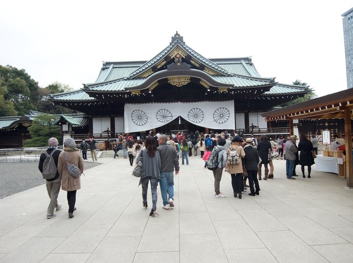 This is where the Japanese lion dances. Other lions dance at other shrines all over Japan. Large lions wear their costumes over two humans, giving the lions four legs each. Yasukuni Shrine sits in Central Tokyo near the Imperial Palace. It was founded in 1869 to enshrine the spirits of Japanese war dead. It received its current name in 1879.