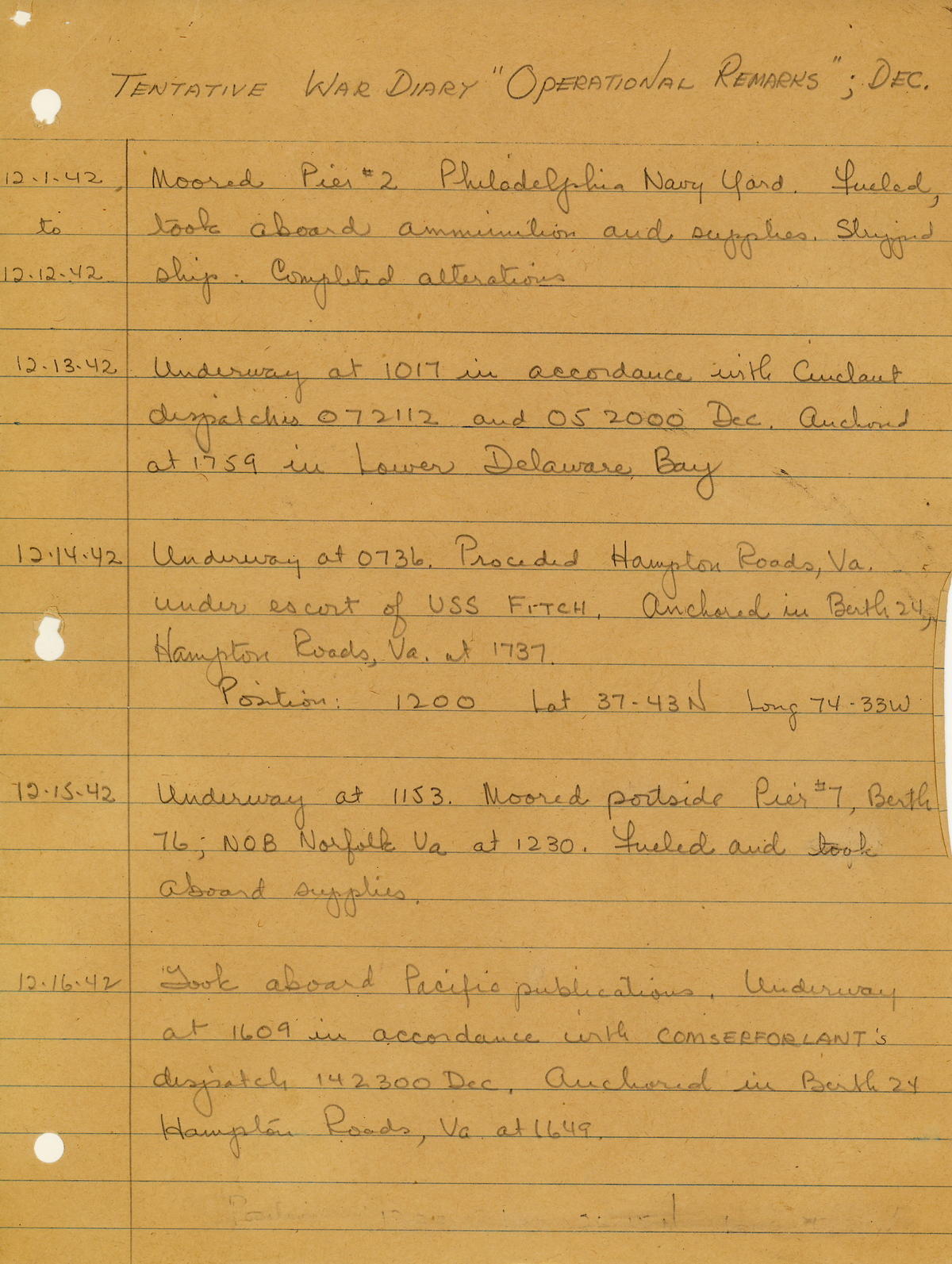 page from war diary