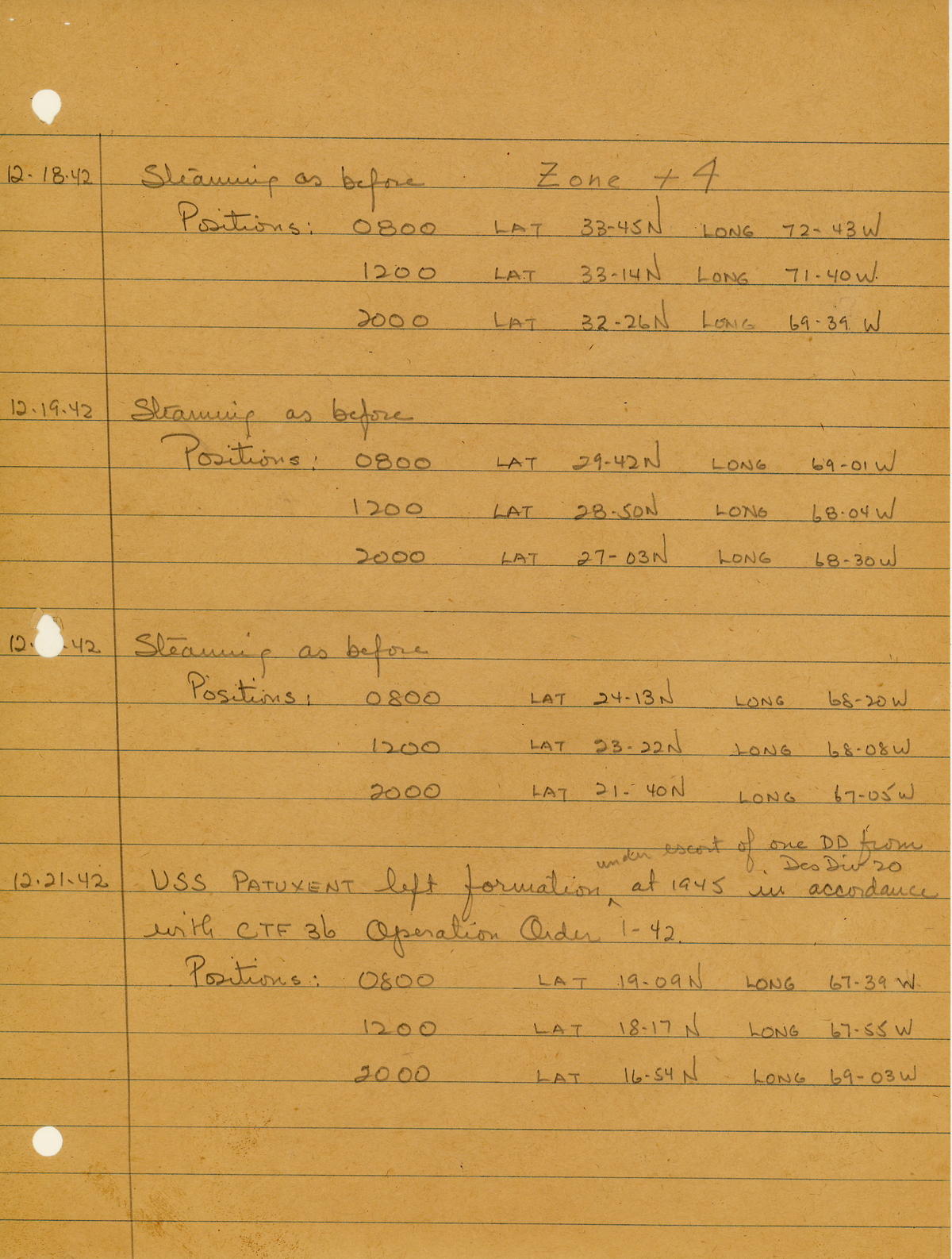 page from war diary