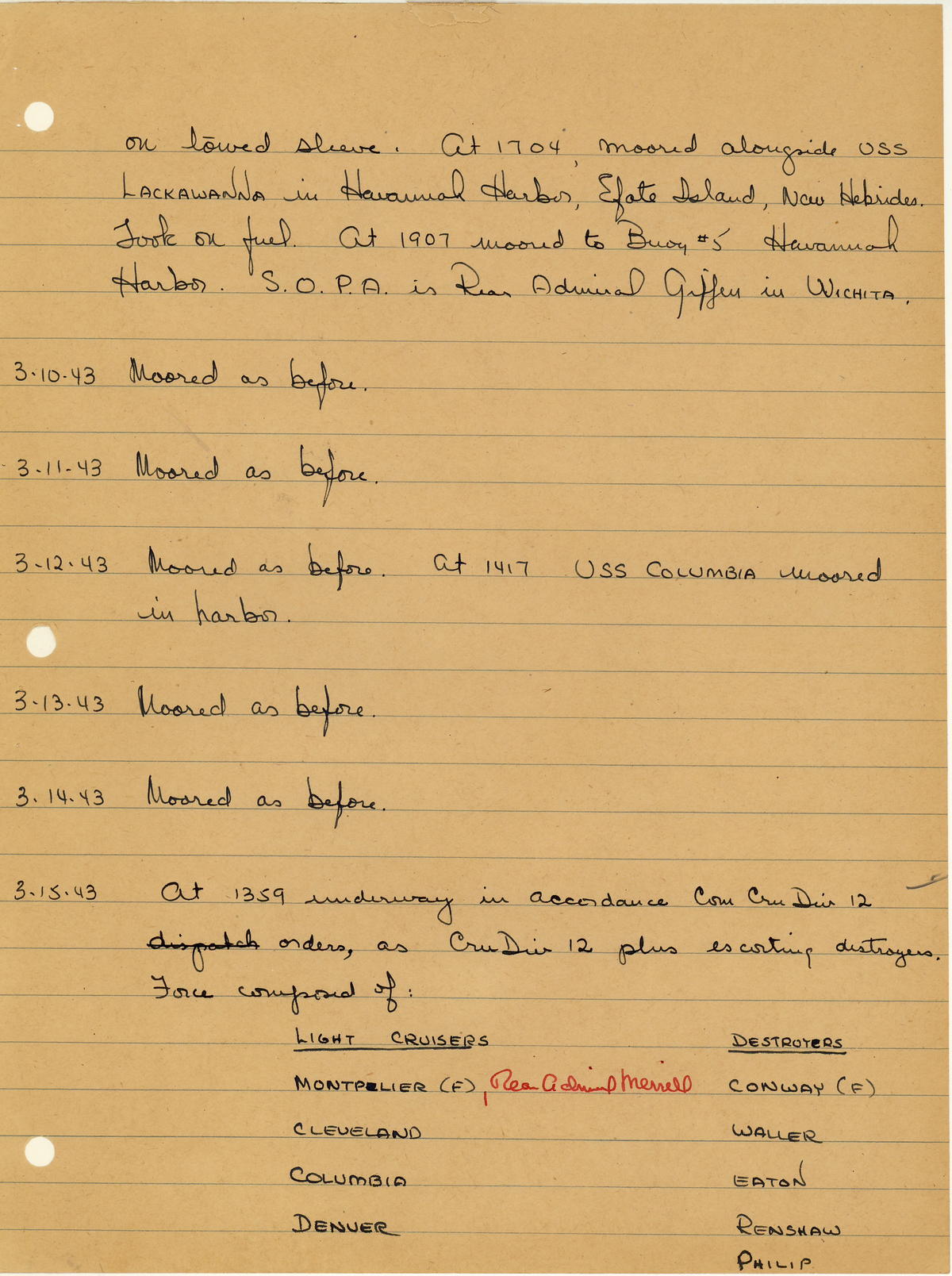 page from war diary