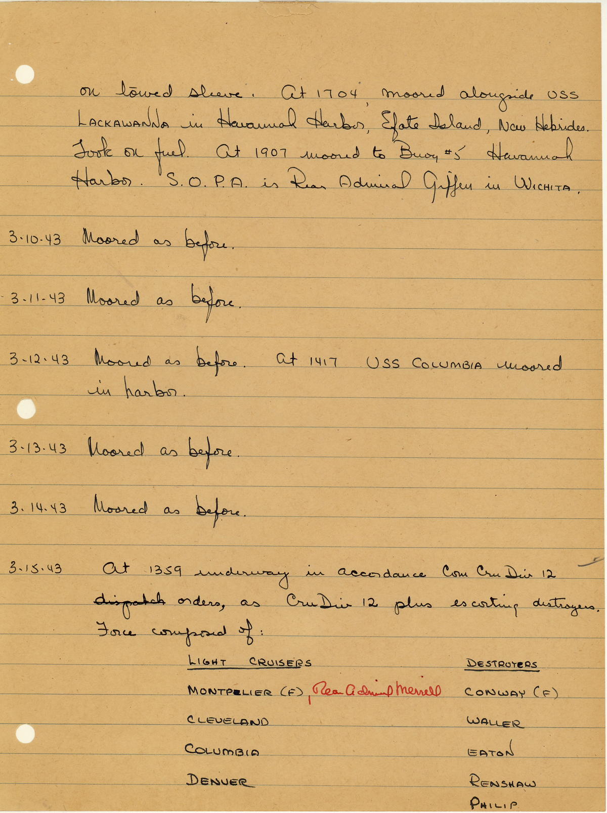 page from war diary