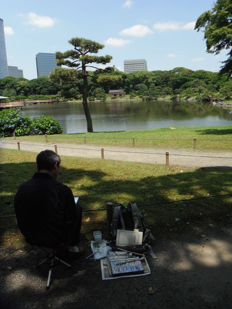 painter-captures-peaceful-lake-at-hamarikyu-garden