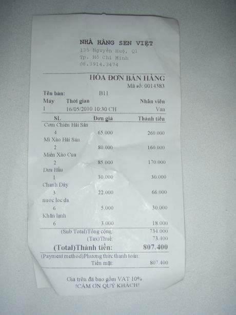 Receipt for Eight at Sen Viet